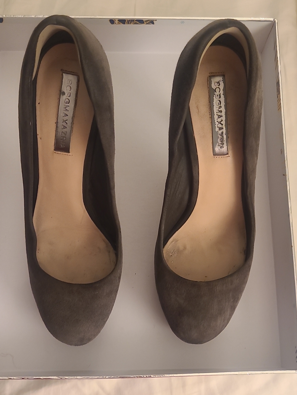BCBGMaxAzria Gray Suede Round-Toe Pumps
